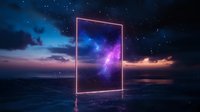 Glowing neon portal frame standing in dark ocean water against starry night sky with purple galaxy and blue clouds, mystical surreal landscape.