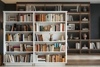Modern home library with white built-in bookshelves filled with colorful books and decorative objects creating organized storage solution for reading room.