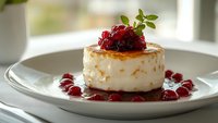 Creamy cheesecake dessert topped with fresh cranberry sauce and mint garnish on white plate, served in natural light setting.