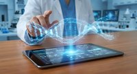 Medical researcher analyzing DNA data on digital tablet with holographic double helix projection in modern laboratory for genetic research and biotechnology applications.