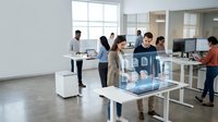 Modern office workspace with diverse professionals collaborating around interactive digital displays and computers in bright contemporary setting.