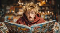 Young blonde man in red hoodie reading colorful comic book with surprised expression against warm bokeh lights background for entertainment and leisure concepts.