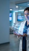 Female doctor in white coat holding holographic digital network sphere in modern medical facility with futuristic technology interface.
