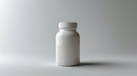 White plastic medicine bottle on neutral gray background with soft shadow, minimalist pharmaceutical container for supplement or prescription packaging design.