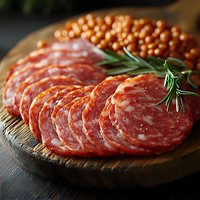Sliced salami arranged on wooden board with fresh rosemary sprig and red peppercorns, macro food photography on dark background for restaurant menu.