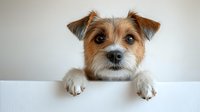 Adorable small terrier dog with brown and white fur peeking over white surface with paws visible, studio portrait on neutral background for pet care designs.