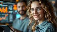 Young Caucasian businesswoman with curly hair and glasses smiling while working with financial charts and data analytics in modern office environment. Focus on female professional.