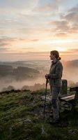 Woman hiker with trekking pole stands on misty mountain overlook at sunrise, gazing at foggy valley landscape below during outdoor adventure and nature exploration.