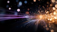 Magical light burst with purple laser beams and golden bokeh particles creating dynamic motion effect against dark background. Abstract festive atmosphere.