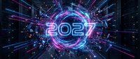 Futuristic neon 2027 number with glowing purple and blue light rays bursting from center creating dynamic energy explosion effect on dark background.