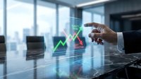 Businessman hand touching holographic financial graph display showing growth analytics in modern office environment for business presentations.