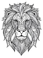 Ornate lion head with intricate mandala patterns and decorative elements on white background, adult coloring book page design for stress relief and meditation.