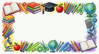 School supplies frame with books, pencils, graduation cap, globe, microscope and apple creating border for educational content and back to school designs.