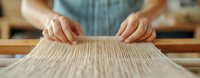Female artisan working on traditional wooden loom, close-up view of hands weaving natural textile threads on handloom. Craft and textile production concept.