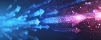 Glowing digital arrows moving through cyberspace with blue and pink light effects create dynamic flow representing data transfer and technological advancement.