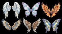 Six colorful wings set isolated on transparent background, including angel, fairy, fire, steampunk, and butterfly styles, ready for stickers, t-shirt design, and print on demand.