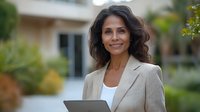 Confident middle-aged Indian businesswoman in beige blazer holding digital tablet outdoors, displaying professional leadership and success in corporate environment.