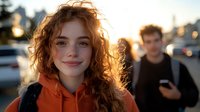 Young woman with curly red hair wearing orange hoodie smiling at camera during golden hour sunset, urban setting with blurred male figure and city lights in background.
