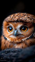 Close-up portrait of brown owl with piercing amber eyes against dark background, showing detailed feathers and intense gaze, dramatic wildlife photography.