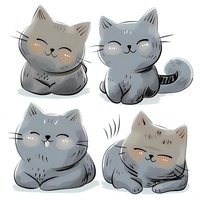 Cute cartoon kittens with happy expressions in gray and beige colors, drawn in a simple style on white background. Ideal for children's designs.
