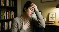 Young woman experiencing stress and headache while studying at home desk with books in background for mental health awareness campaigns.