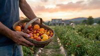 Farmer holding wicker basket full of fresh ripe tomatoes at sunset in organic vegetable garden with farmhouse in background during golden hour harvest time.