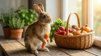 Adorable brown rabbit sitting beside wicker basket filled with fresh carrots and vegetables on wooden windowsill with herbs and warm sunlight streaming through.