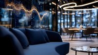 Modern office interior with digital financial chart projection on glass wall, navy blue curved sofa, and contemporary lighting design creating business atmosphere.