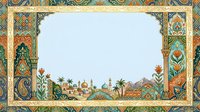 Ornate Islamic architectural frame with desert cityscape, minarets, and palm trees on white background, suitable for design projects, invitations, and cultural presentations.
