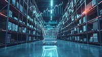 Futuristic warehouse interior with glowing neon shopping cart hologram and rising market graph projection, illuminated storage racks in blue technological atmosphere.