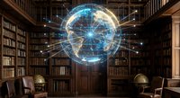 Digital holographic globe with network connections floating in classic library with wooden bookshelves and vintage furniture for technology education concepts.