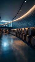 Modern winery barrel storage facility with wooden oak barrels stacked in rows, featuring contemporary track lighting, exposed brick walls, and polished concrete flooring for wine production.