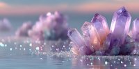 Purple amethyst crystals with sparkling glitter on reflective surface creating magical healing energy atmosphere for wellness and spiritual practices.