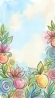 Soft watercolor floral border with fruits, leaves, and swirls in pastel pink, green, and blue tones, with copy space for text.