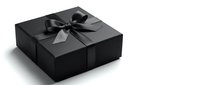 Elegant black gift box with satin ribbon bow isolated on white background for luxury packaging, special occasions, birthdays, holidays and premium presents.