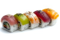 Colorful assortment of fresh nigiri sushi rolls with tuna, salmon, avocado and shrimp topped with black sesame seeds on white background, isolated for menu design.