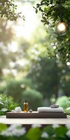 Serene outdoor spa setting with massage oil, white towel, and zen stones on wooden tray against blurred green garden background with soft bokeh light effects.