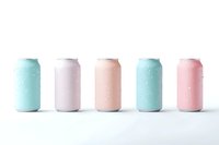 Row of five pastel-colored aluminum beverage cans in mint green, light purple, peach, mint green, and pink on white background, isolated for product mockup.