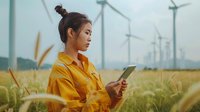 Young Asian woman in yellow jacket using tablet device among wheat field with wind turbines in background, representing sustainable technology and agriculture.