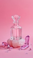 Crystal perfume bottle with pink liquid on rose quartz surrounded by purple gemstones against soft pink background for luxury beauty branding.