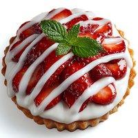 Fresh strawberry tart with white icing drizzle and mint garnish on fluted pastry crust, isolated on white background for bakery and dessert designs.