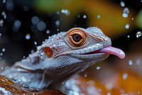 Closeup of iguana head with detailed scales, prominent eye, and pink tongue extended, surrounded by water droplets and bokeh background for wildlife and nature projects.