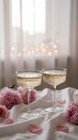 Two elegant champagne glasses with golden rim detail on white silk fabric surrounded by pink peonies and rose petals for romantic celebration or wedding toast.