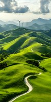 Winding road through green rolling hills leads to wind turbines on mountain ridge, dramatic clouds and sunlight create atmospheric landscape for environmental themes.
