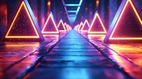 Futuristic neon triangle tunnel with glowing geometric shapes and reflective wet floor creating perspective depth in purple, orange and blue colors.