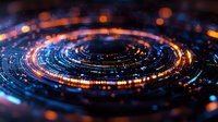 Abstract circular light pattern with glowing blue and orange bokeh effects creating spiral motion on dark background. Digital technology concept.