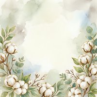 Watercolor cotton flowers and green leaves frame on soft pastel background with copy space for wedding, greeting cards, and invitations.