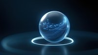 Glowing sphere with luminous blue network connections floating above illuminated platform against dark background, futuristic technology concept.