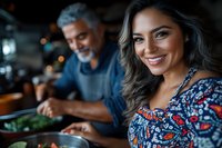 Hispanic woman with bright smile and floral dress enjoying dinner with mature man at restaurant, casual dining atmosphere with warm lighting and fresh food.
