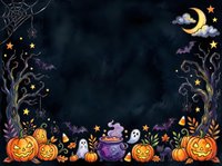 Spooky Halloween night scene with carved jack-o-lantern pumpkins, glowing moon, stars, ghosts, and mystical purple potion cauldron on dark textured background. Perfect for seasonal greeting cards, party invitations, and holiday designs.
